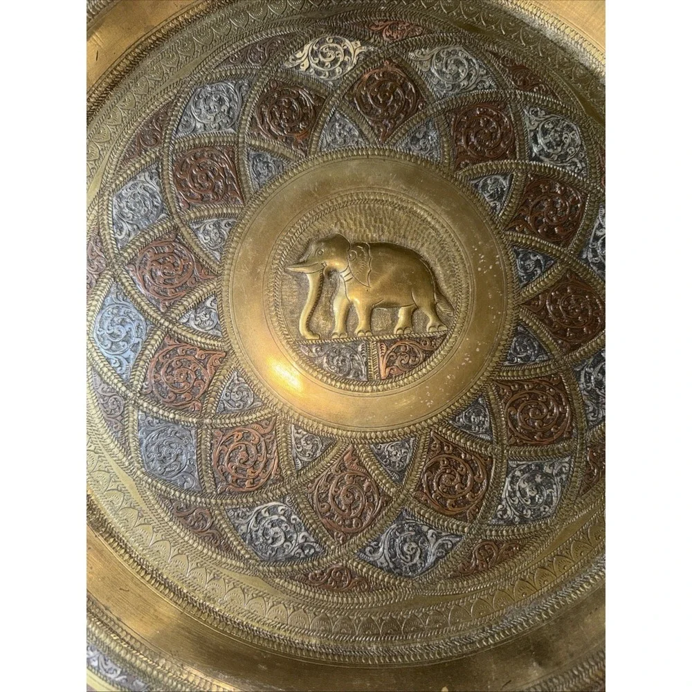Vintage Brass Elephant Decorative Plate Hand Etched Enamel Indian Wall Decor‎